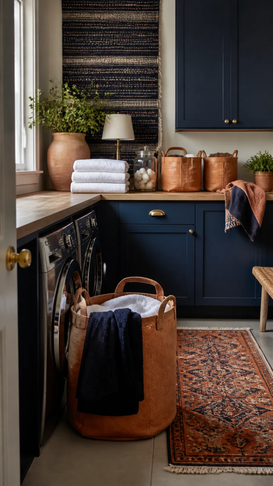 Indigo Laundry Room With Clay Baskets arranged as navy blue and orange fall decor