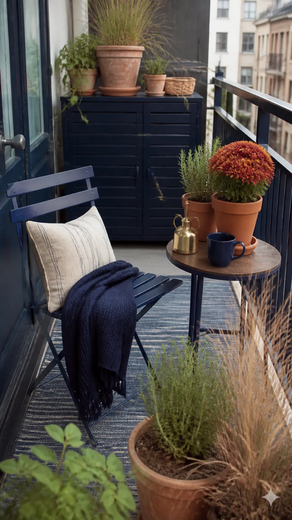 Navy Balcony With Terracotta Planters arranged as navy blue and orange fall decor