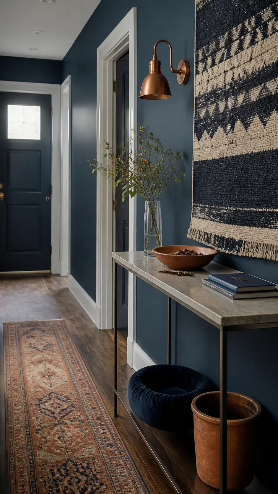 Indigo Hallway With Copper Sconce arranged as navy blue and orange fall decor