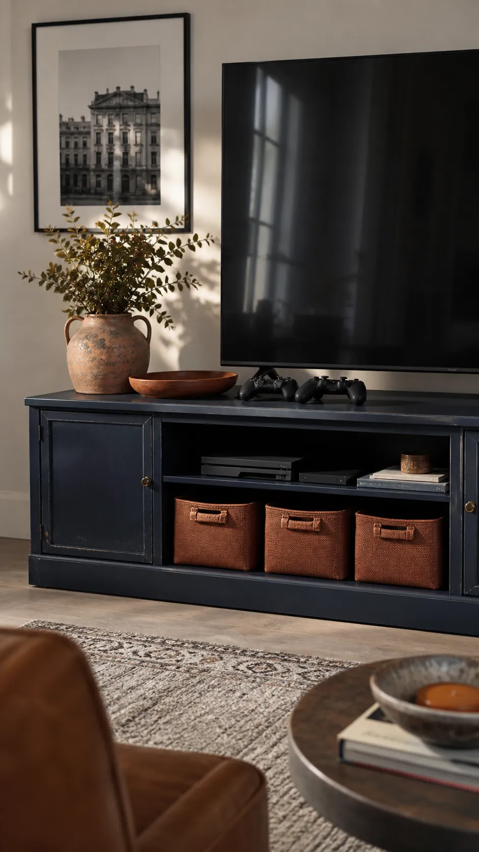 Midnight Media Wall With Rust Storage arranged as navy blue and orange fall decor