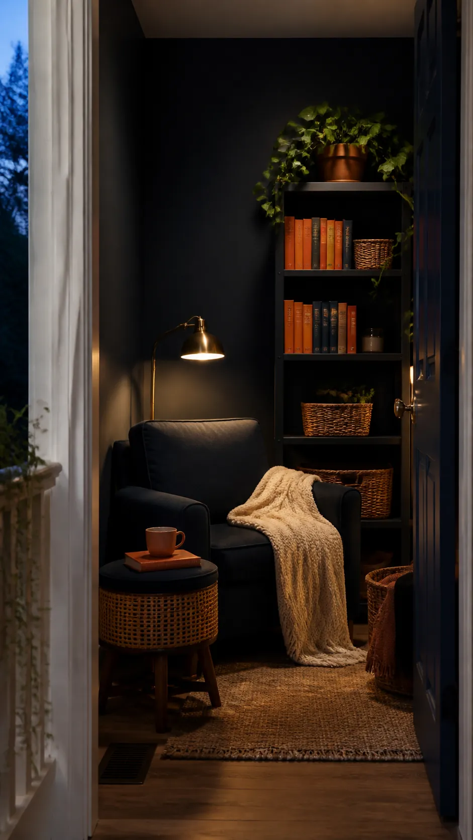 Navy Reading Nook With Orange Books arranged as navy blue and orange fall decor