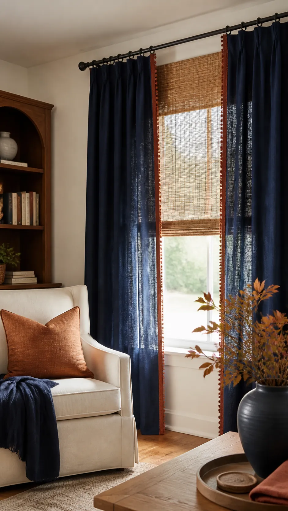Navy Window Drapes With Persimmon Trim arranged as navy blue and orange fall decor