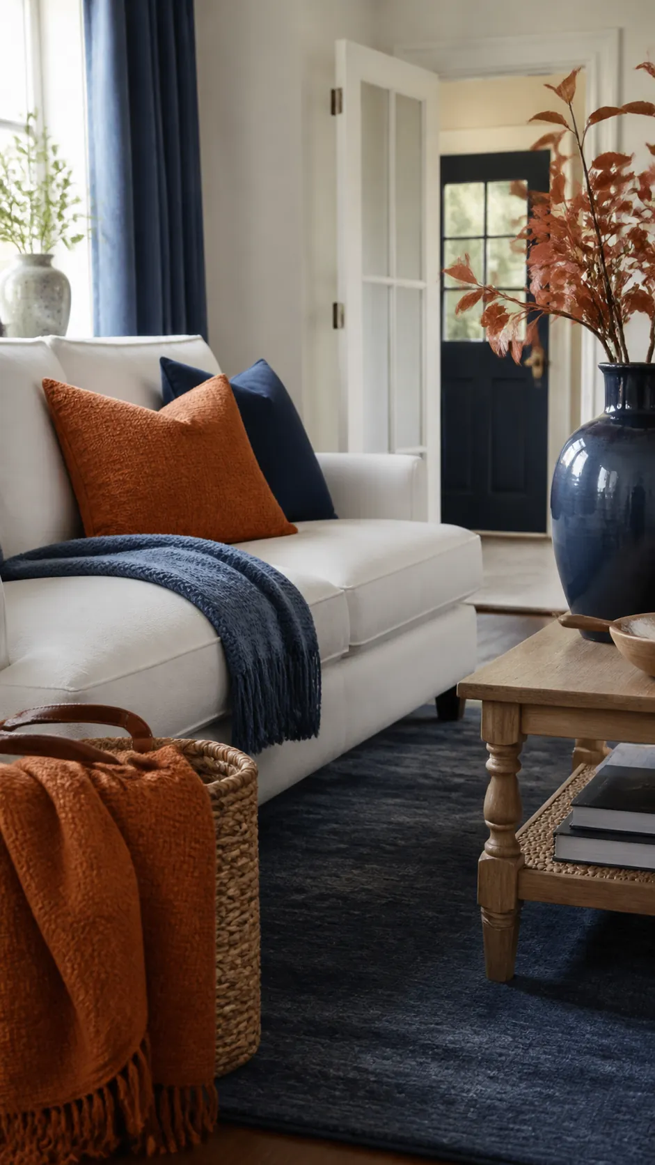 Blue And White Room With Rust Accents arranged as navy blue and orange fall decor