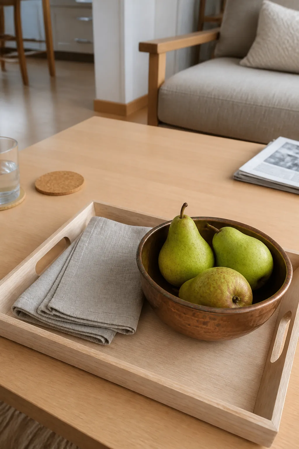 Copper pear bowl and linen napkins on a pale tray