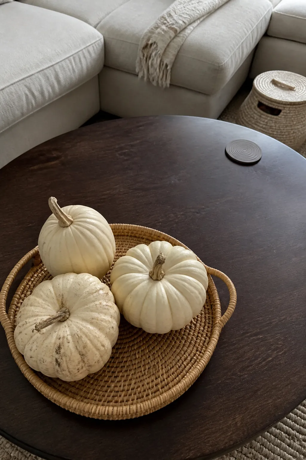Cream pumpkins in a round rattan coffee table tray