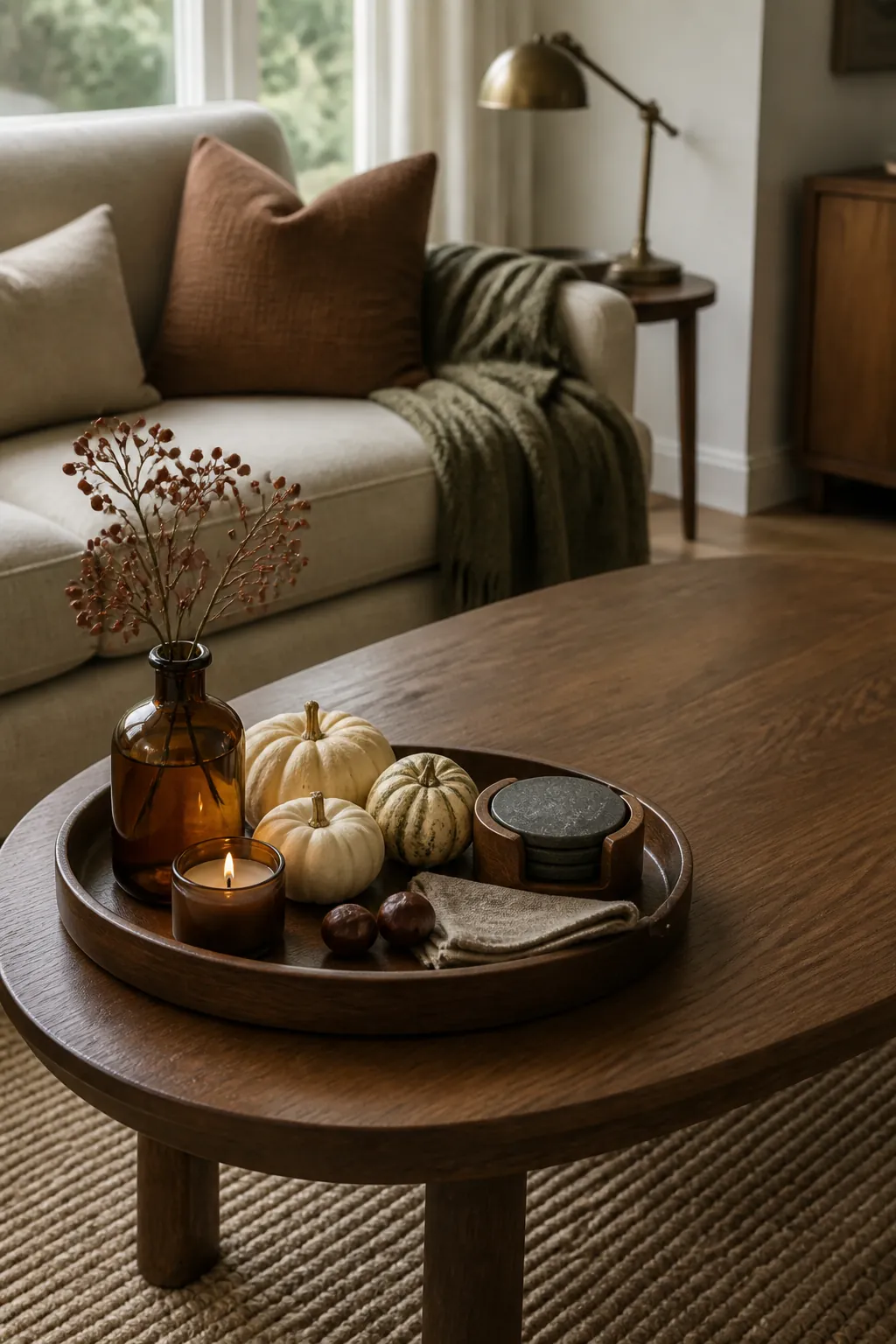 Practical fall coffee table decor tray in a cozy living room