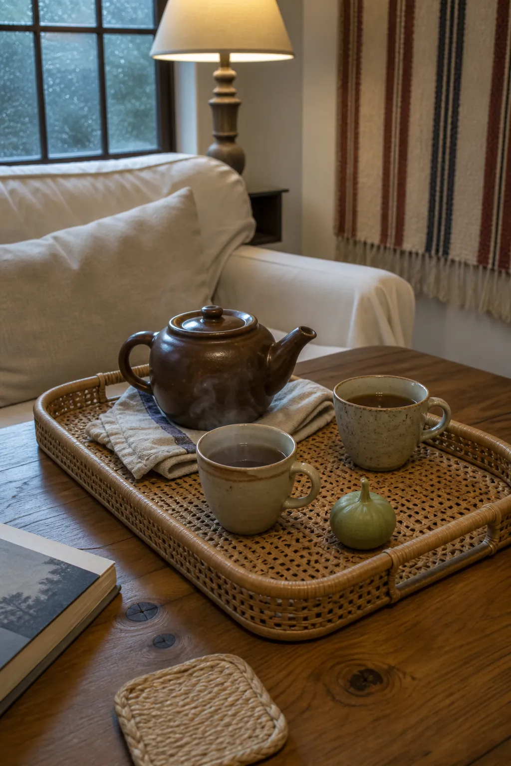 Teapot cups and a tiny gourd on a woven cane tray