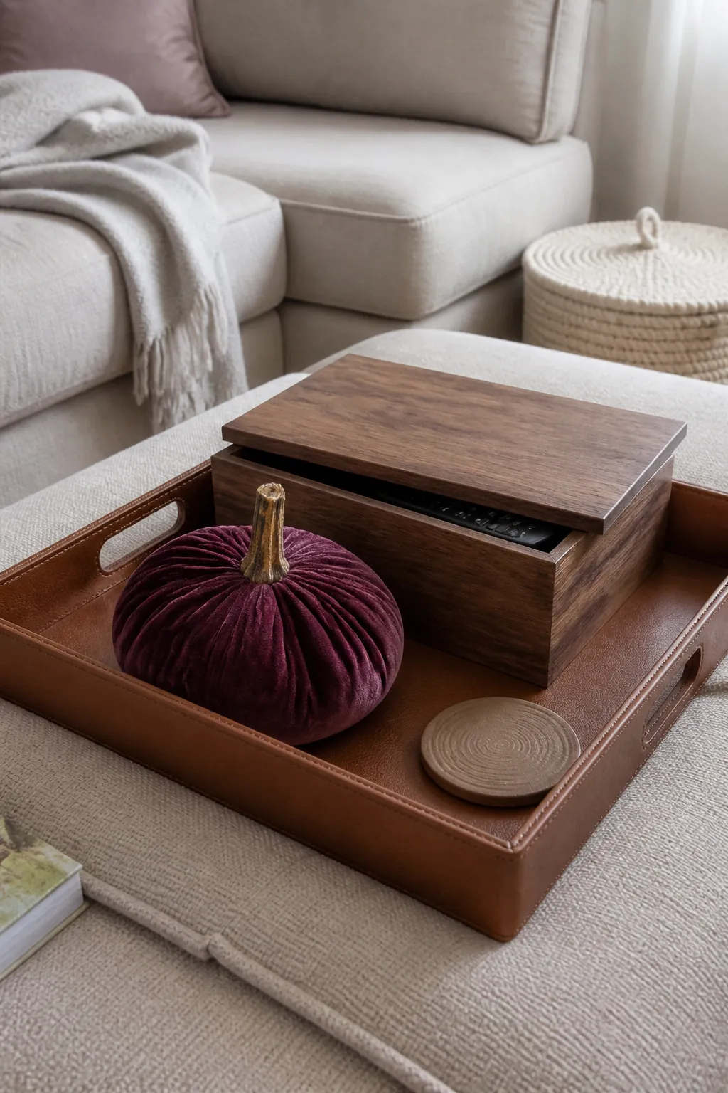 Remote box and velvet pumpkin on a leather tray