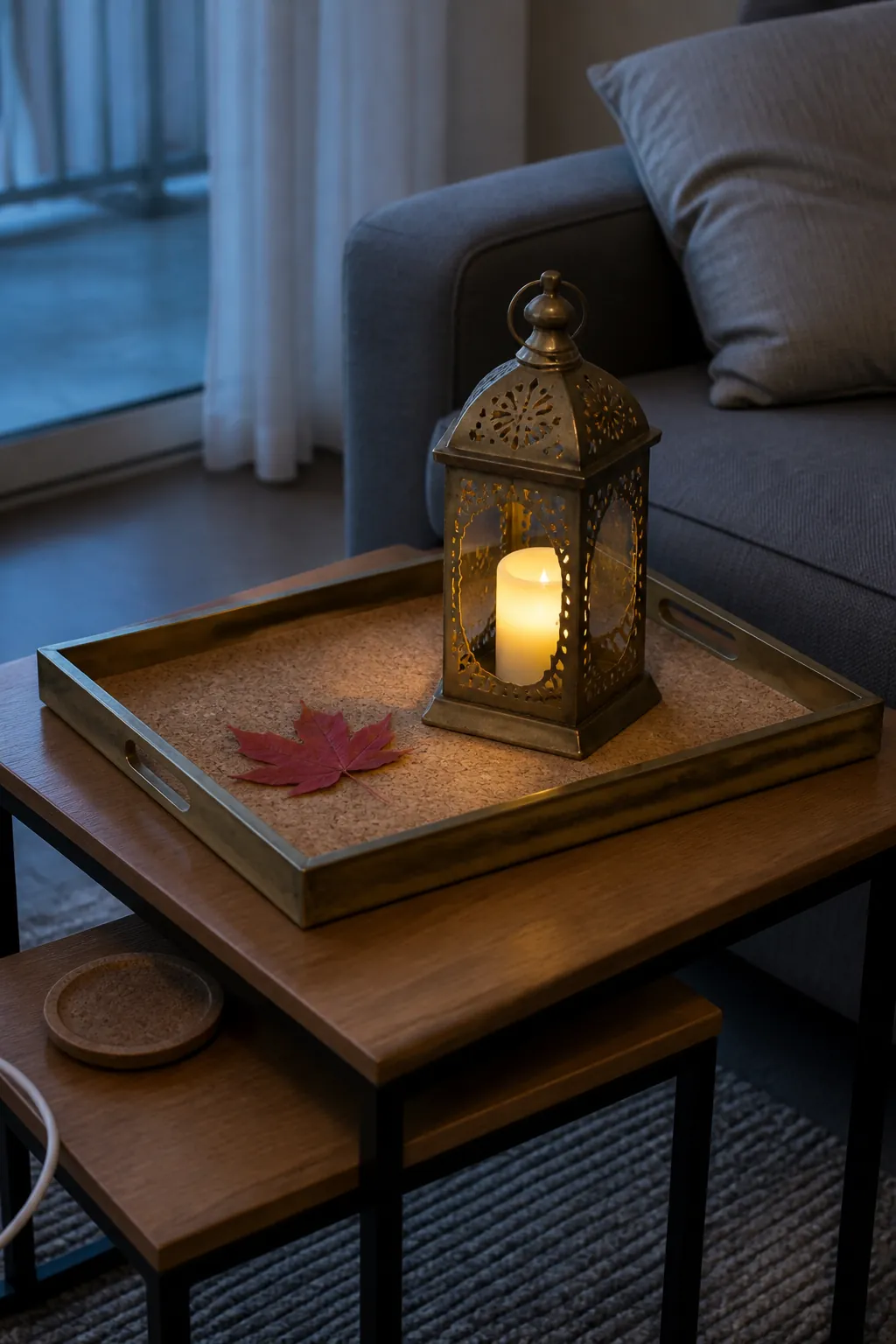Brass lantern and crimson leaf on a cork tray