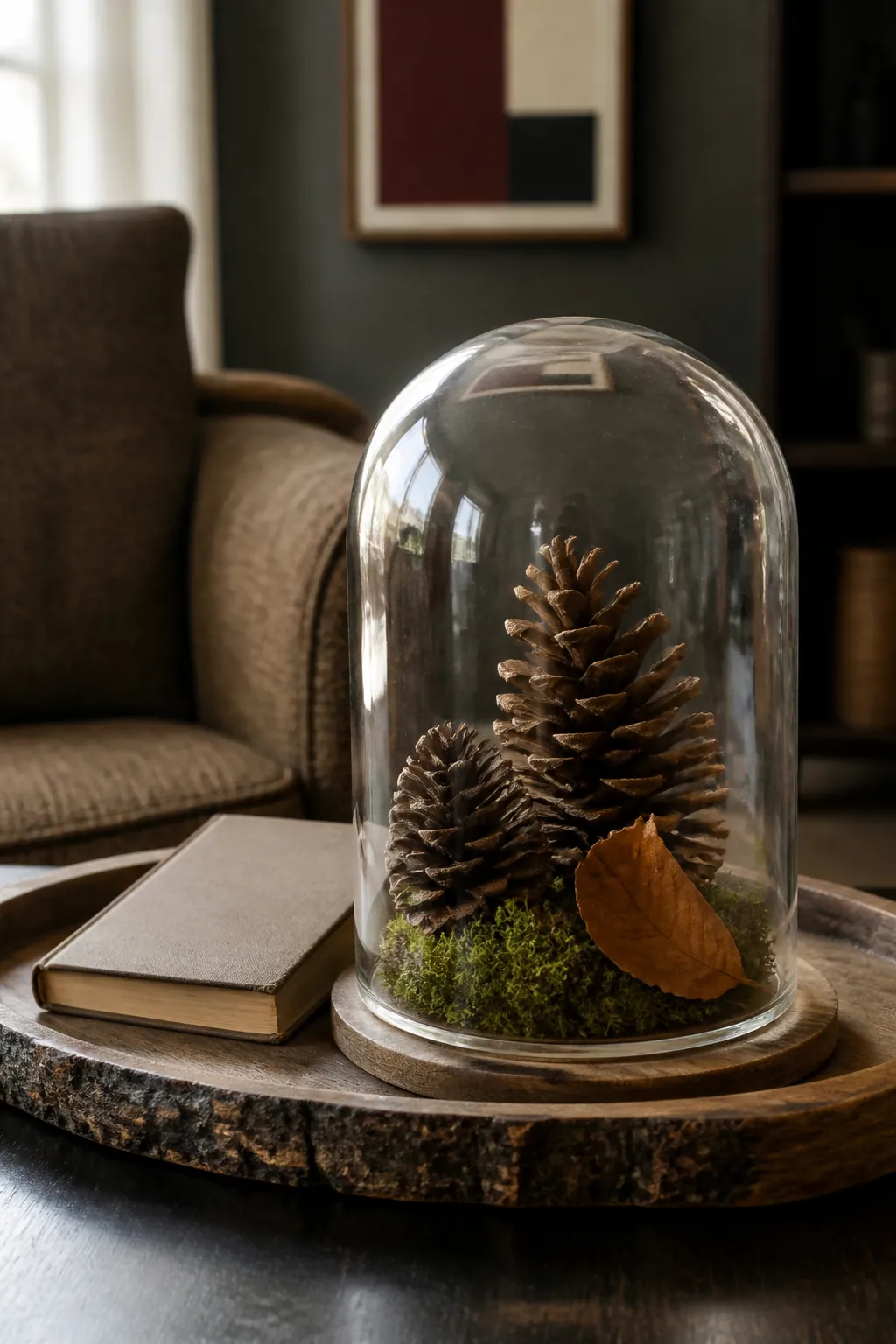 Forest finds under a glass cloche on a live edge tray