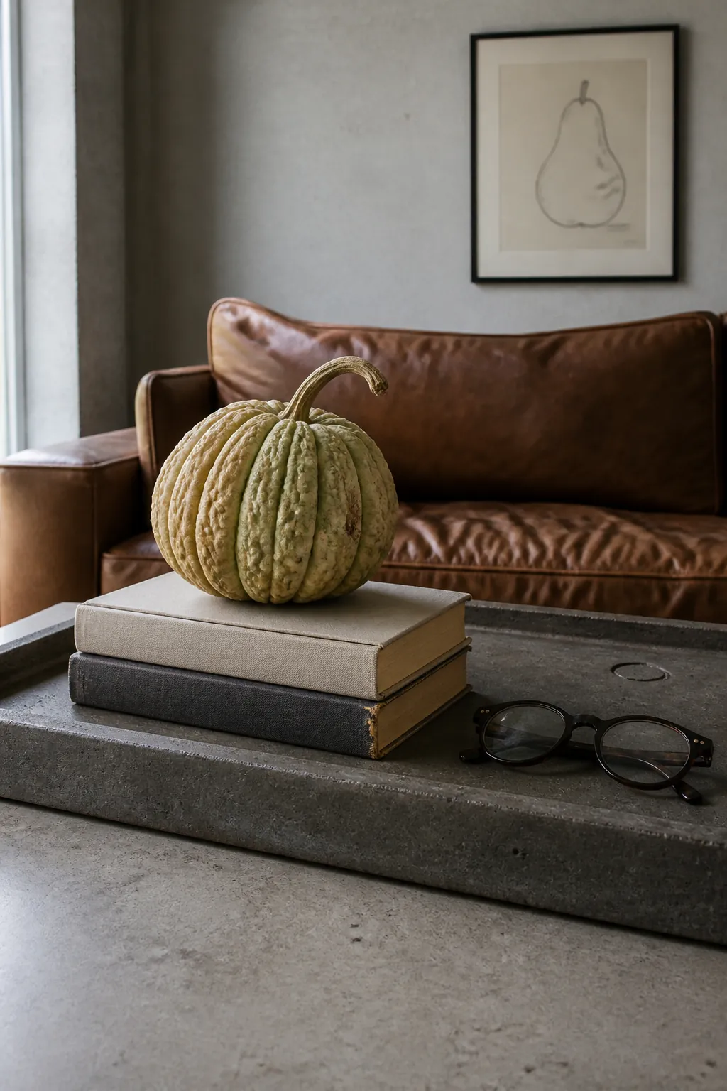 Books and a ridged gourd inside a concrete tray