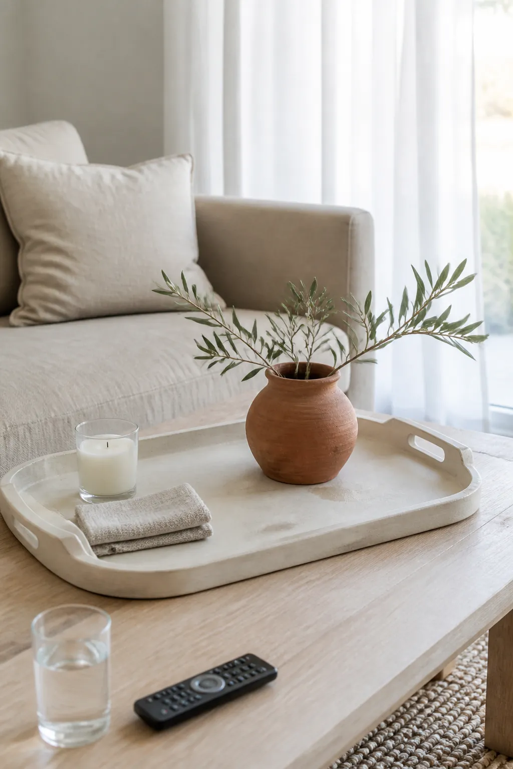 Olive branches and terracotta candle on a blond wood tray