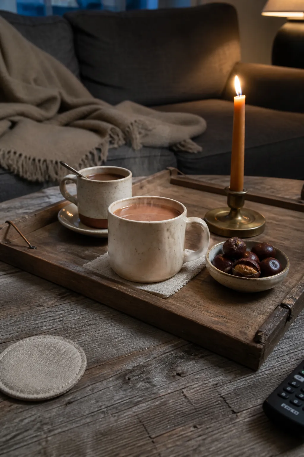 Cocoa chestnuts and cinnamon taper on an evening tray
