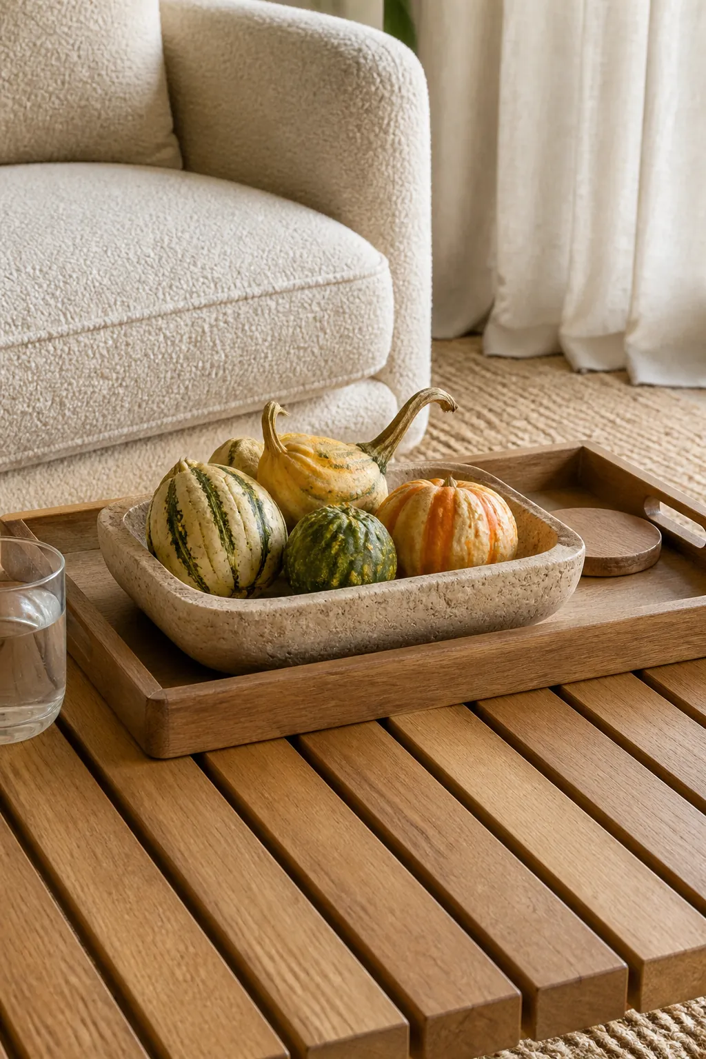 Striped mini gourds in a travertine dish on an oak tray