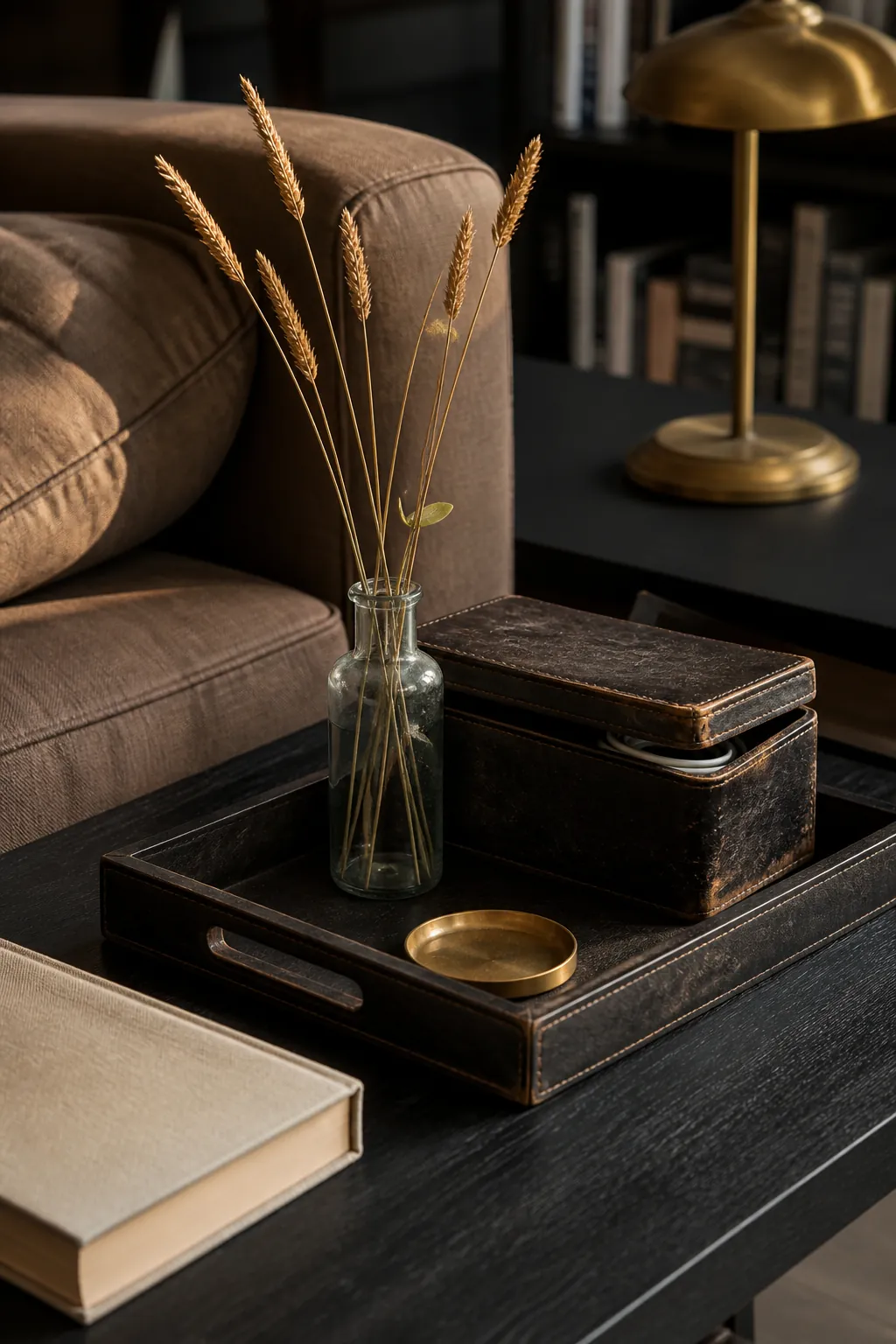 Golden grasses and leather storage box on a dark tray