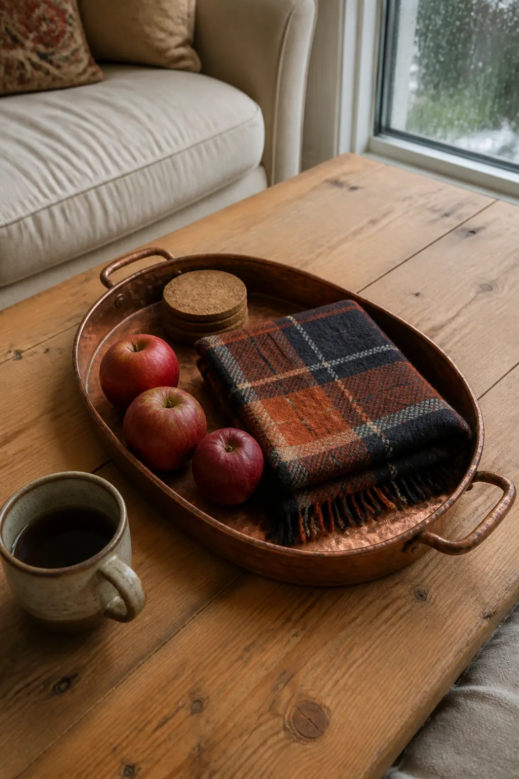 Red apples and folded plaid on a copper tray