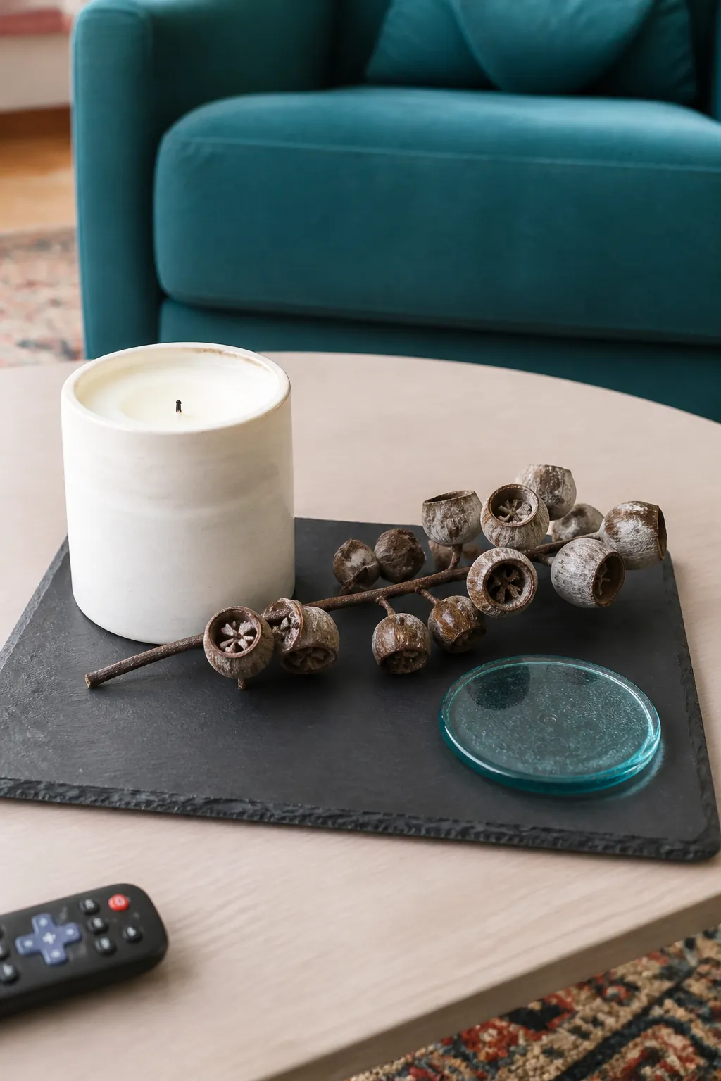 White candle and eucalyptus pods on a slate tray