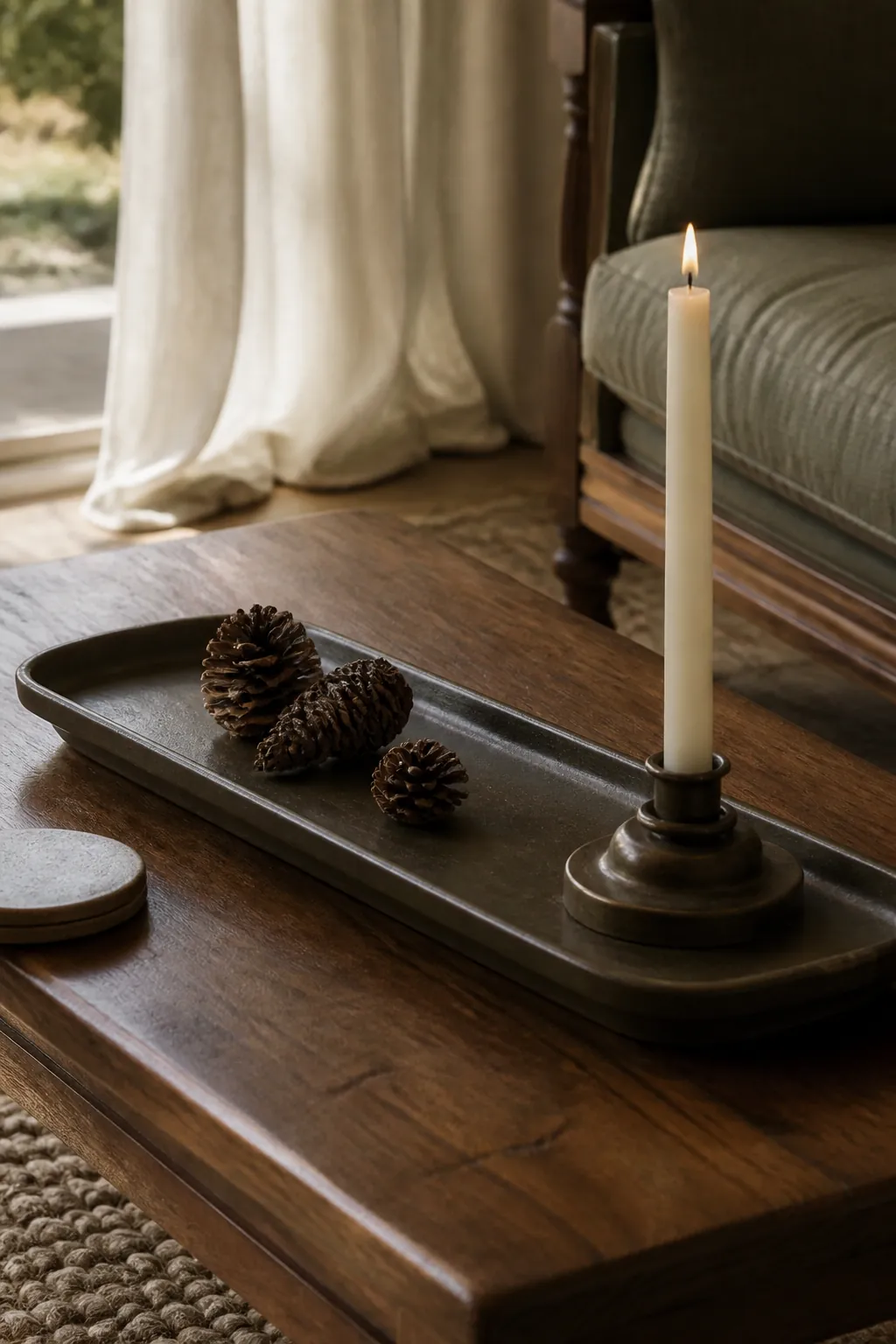 Pinecones and a cream taper on a muted green tray