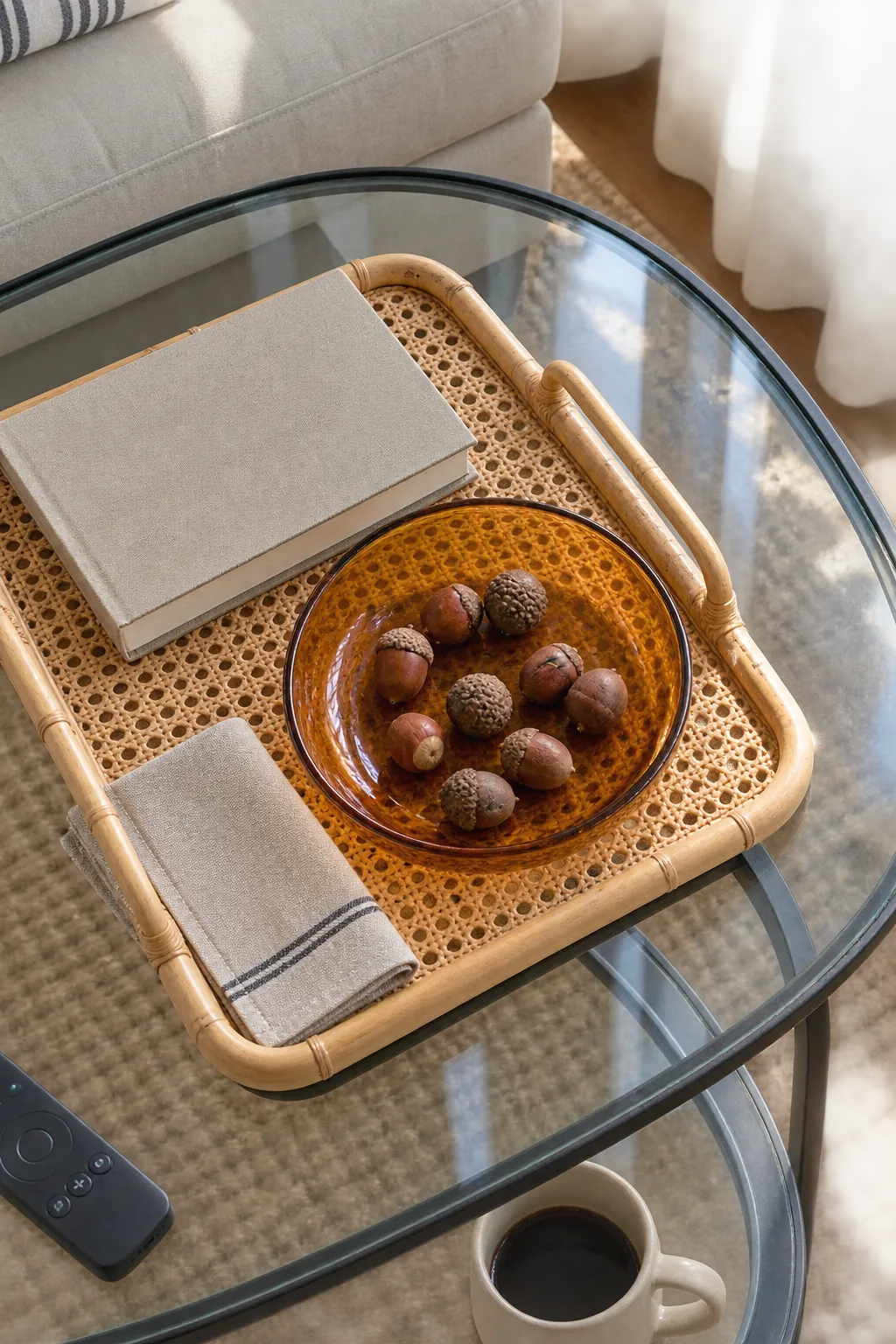Acorns in an amber dish on a cane coffee table tray