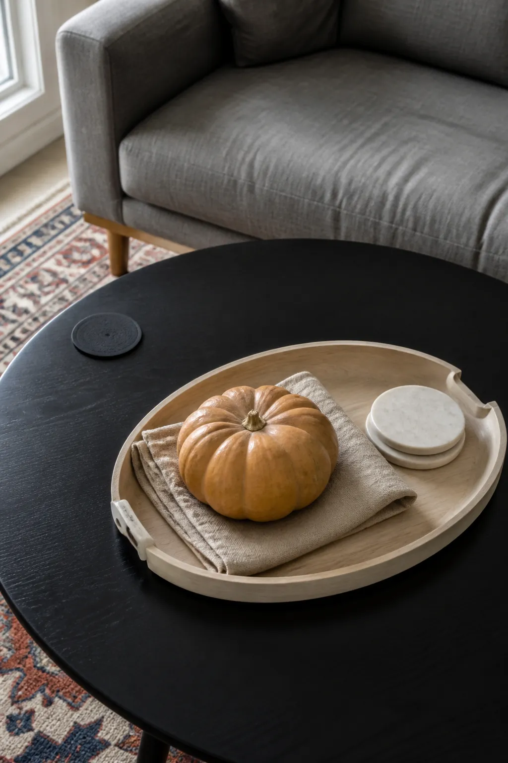 Flax cloth and caramel gourd on a white oak tray