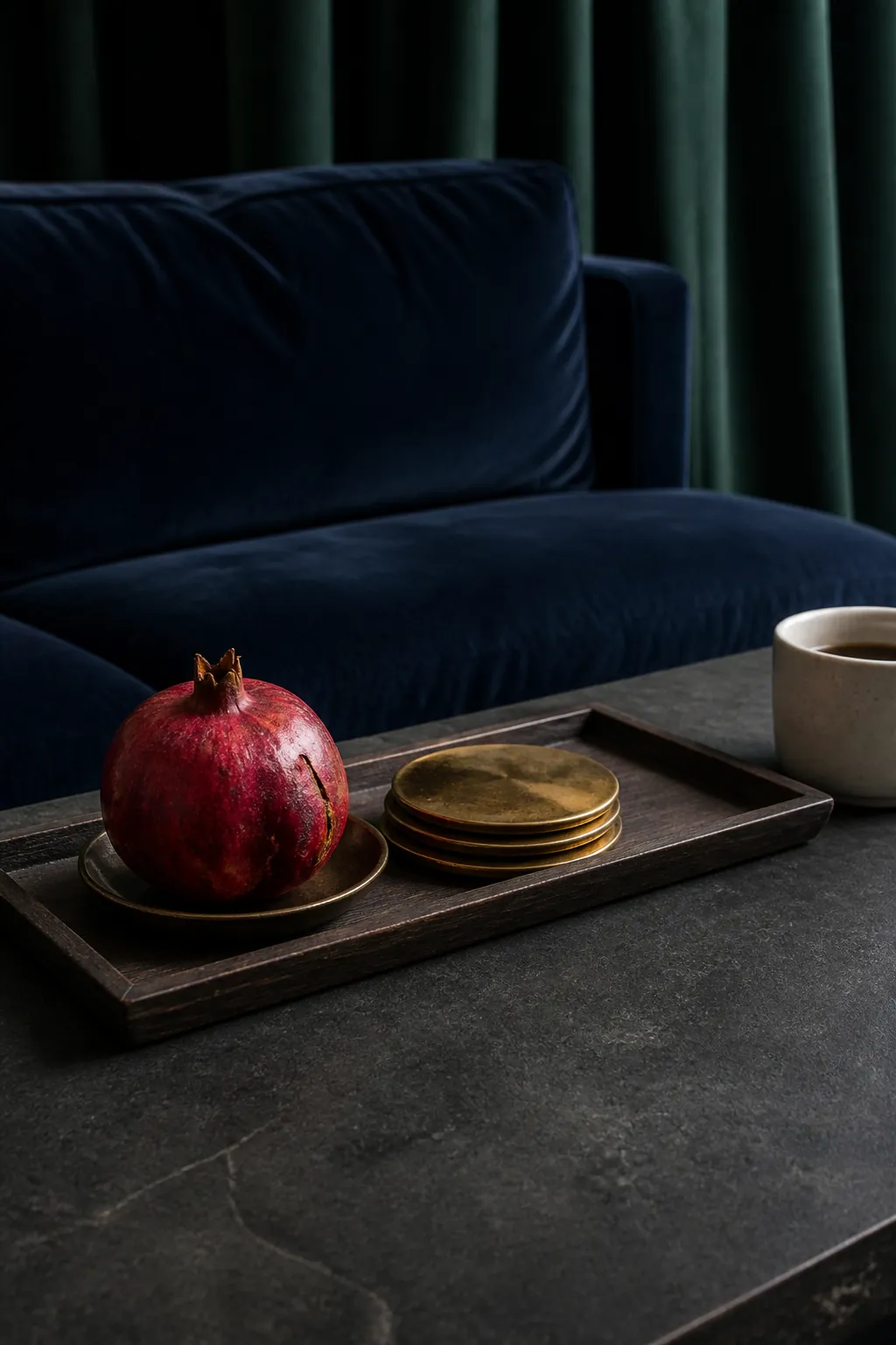 Pomegranate and brass coasters on a dark stone tray