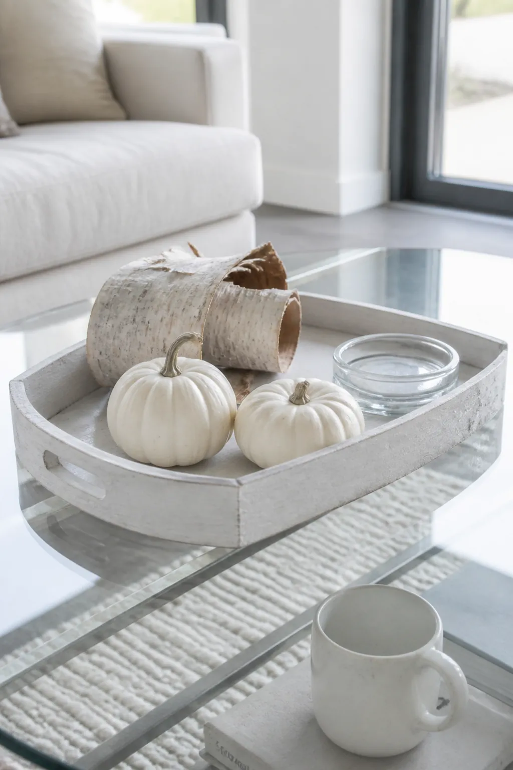 Birch bark and white pumpkins on a gray felt tray