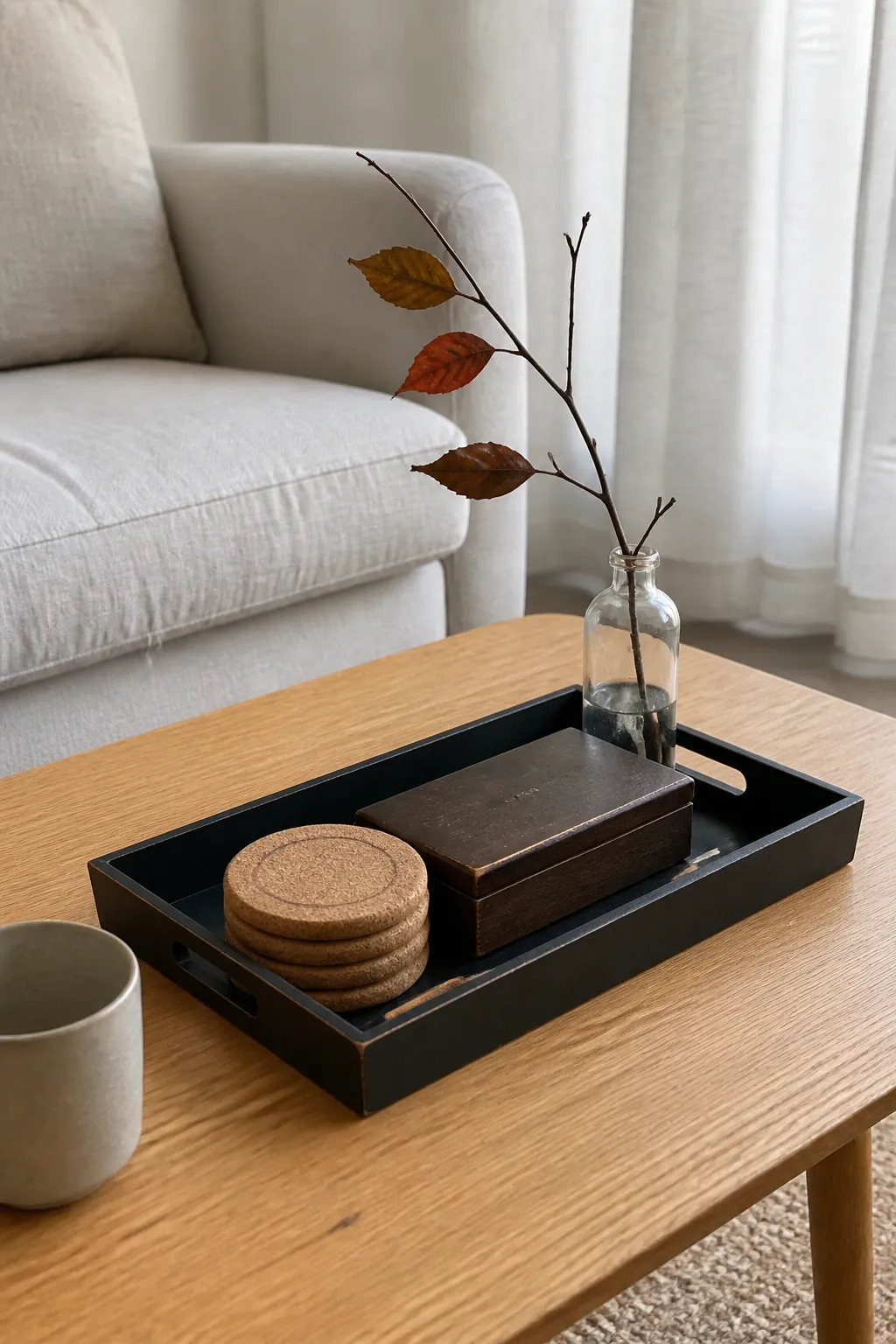 Coasters remote box and one autumn branch on a simple tray