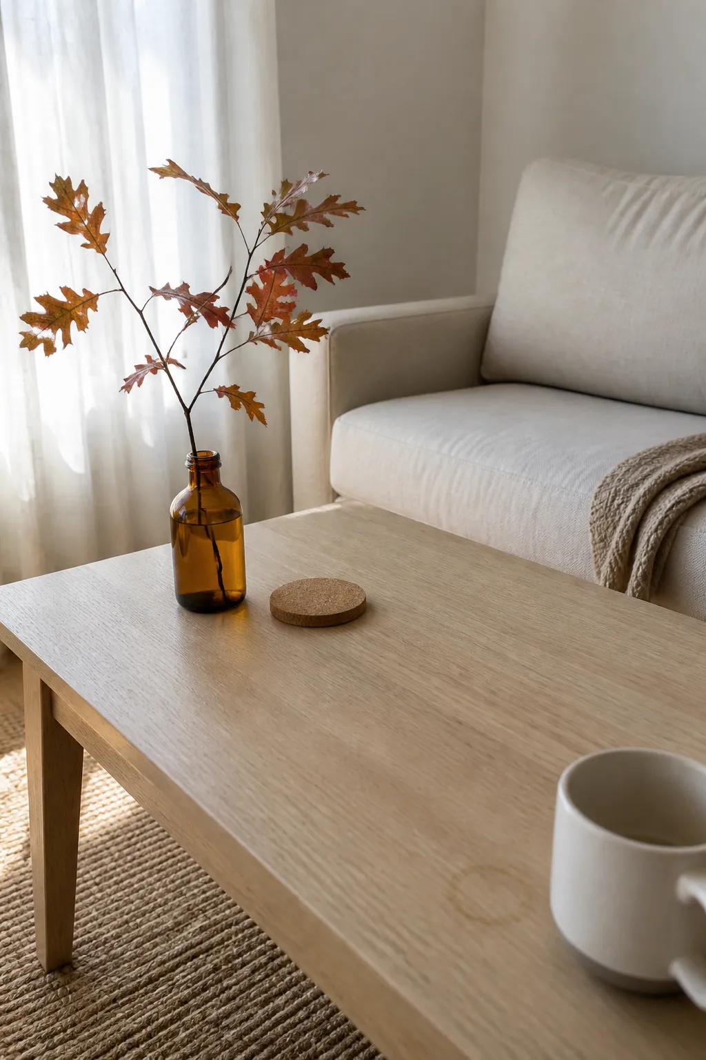 Amber bud vase with sparse oak leaves on a fall coffee table