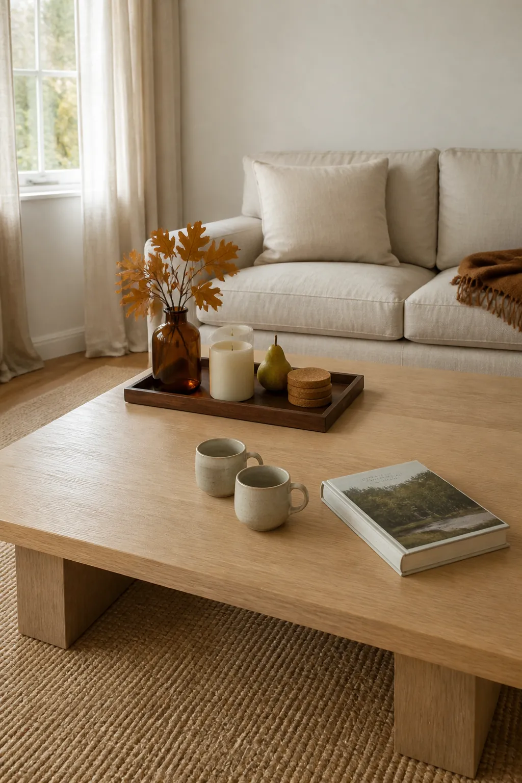 Calm functional fall coffee table decor in a lived in living room
