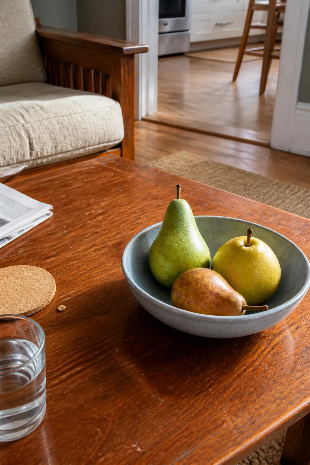 Green and gold pears in a shallow bowl for autumn coffee table decor