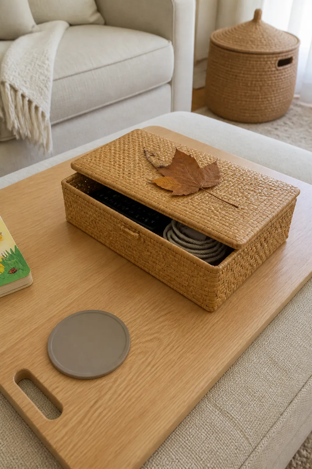 Lidded cane box with one rust leaf for organized fall coffee table decor