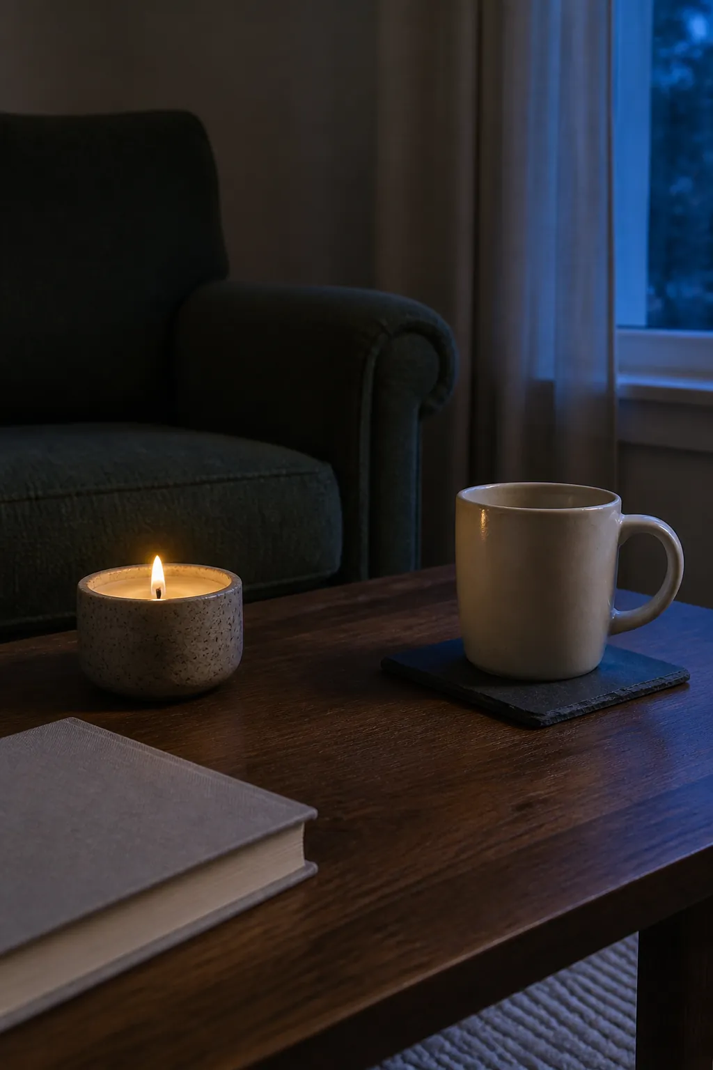 Stone candle beside a slate coaster on an autumn coffee table