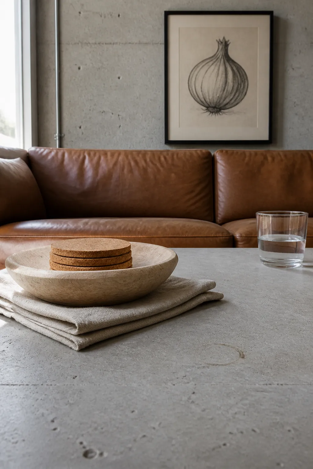 Folded flax cloth under a wood coaster bowl on a fall coffee table