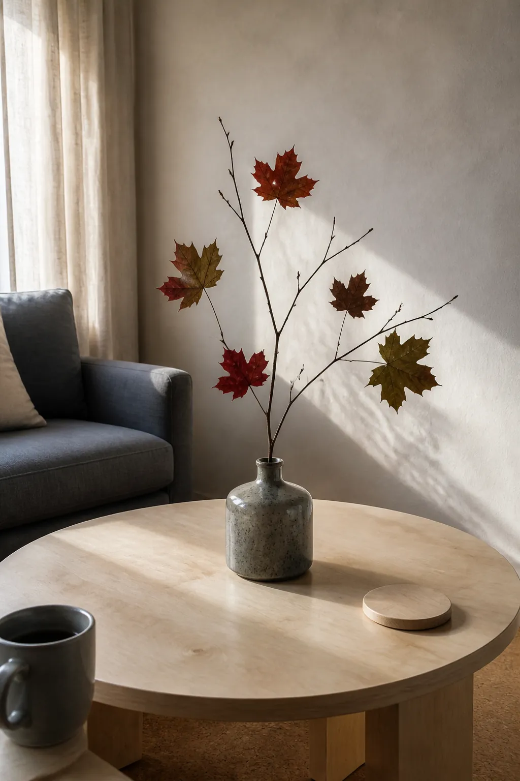 Colorful maple twig in a speckled bottle on a coffee table