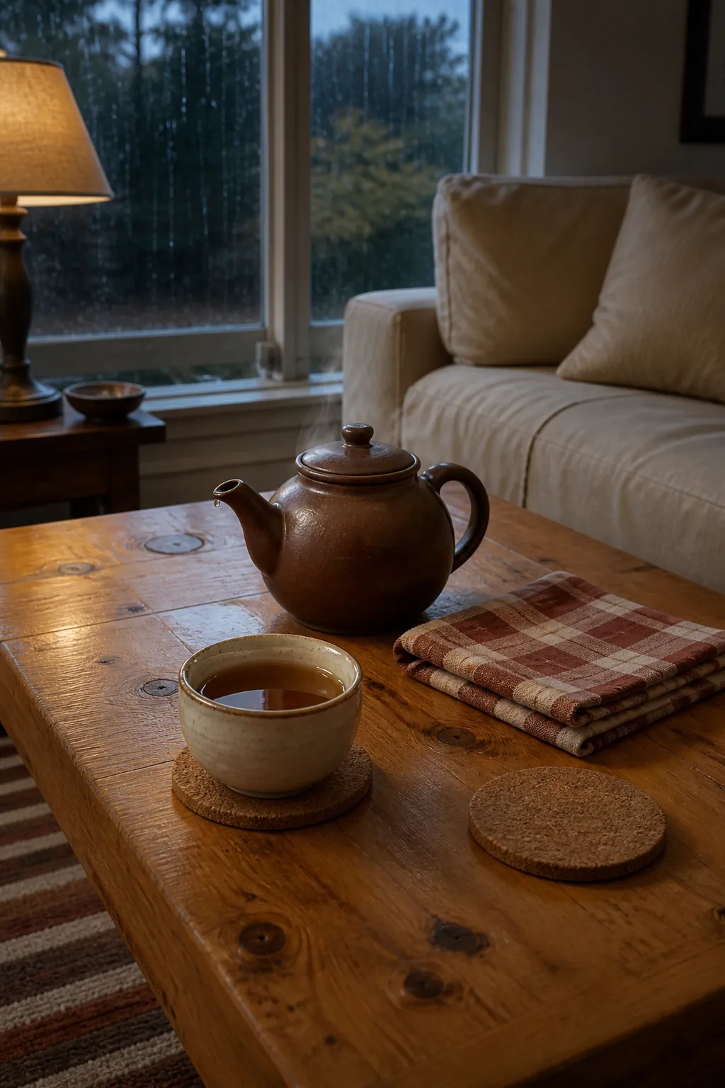 Tea pot with a rust checked napkin for cozy fall coffee table decor