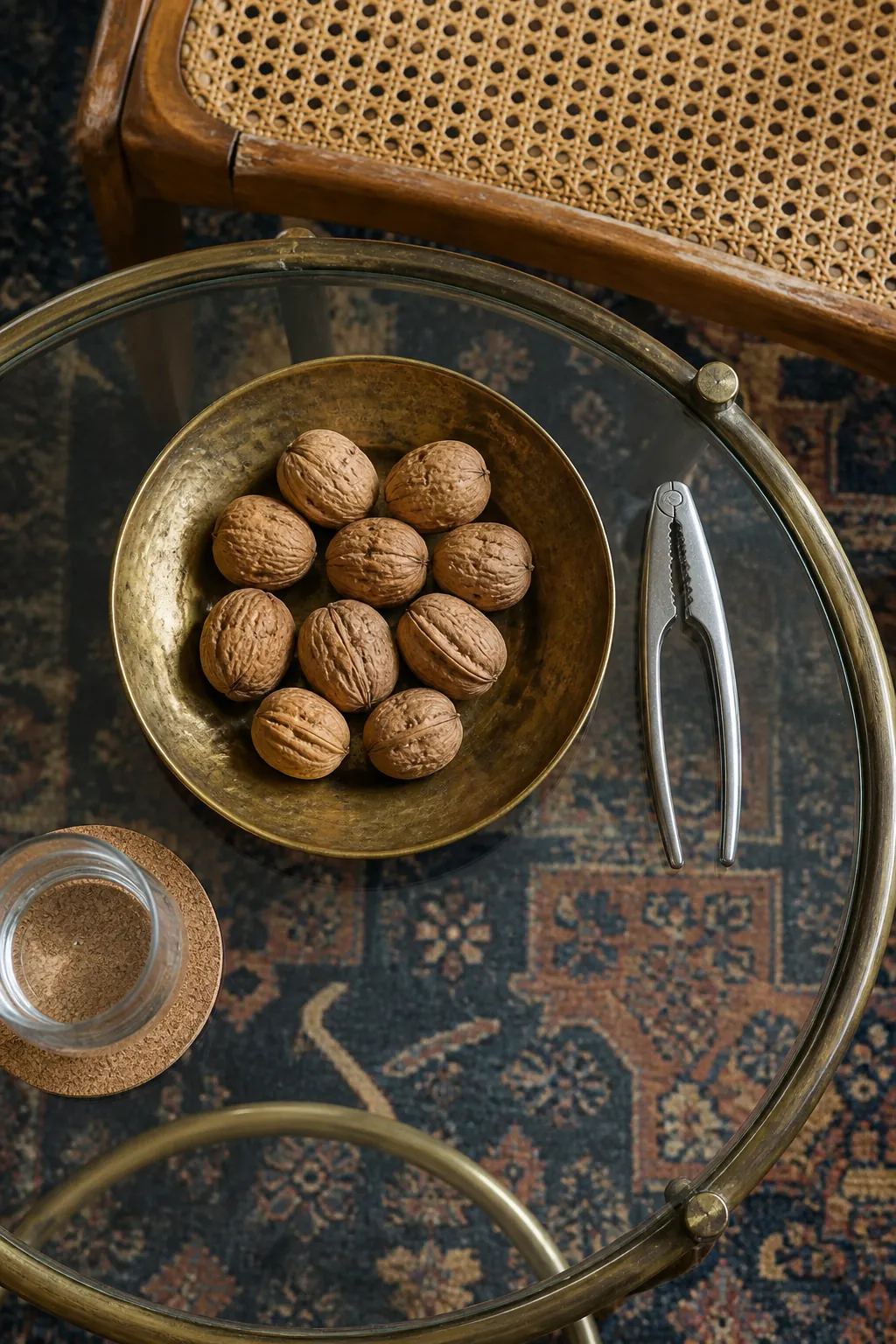 Walnuts in a hammered brass bowl for autumn coffee table texture