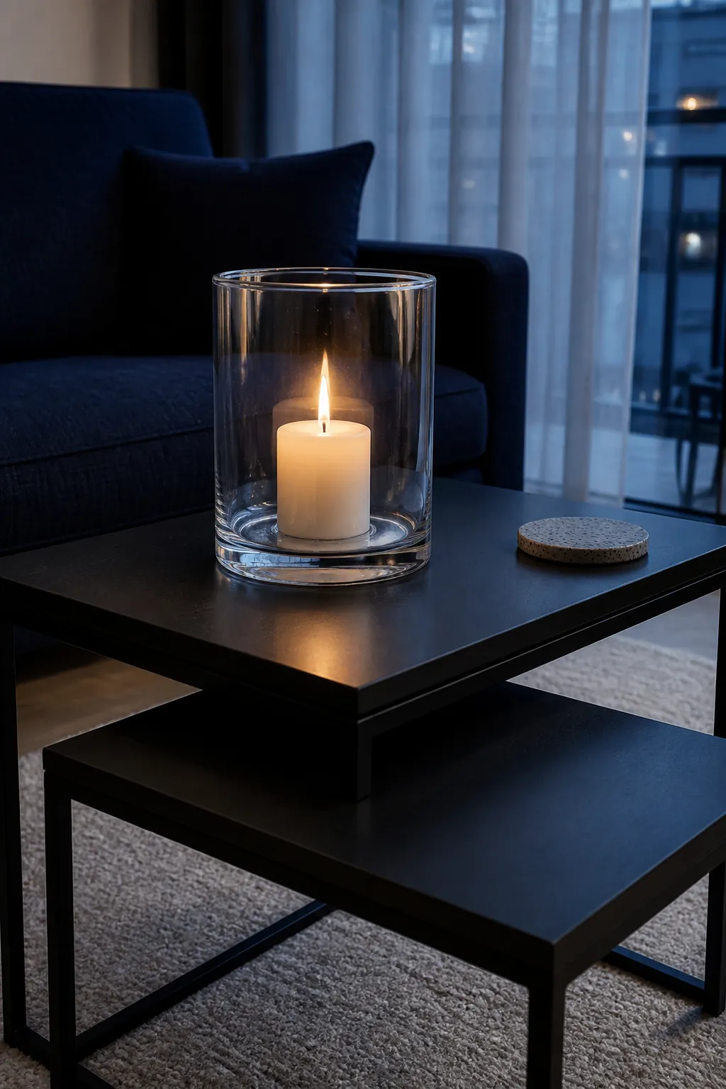 Glass hurricane with a safely spaced candle on a fall coffee table