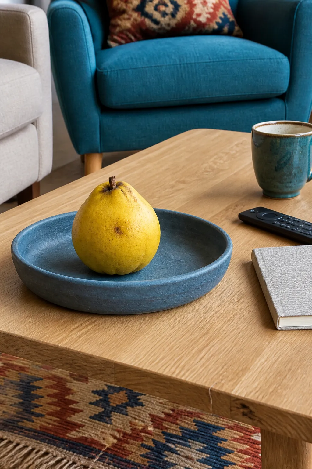 Single golden quince in a blue clay dish for restrained autumn decor
