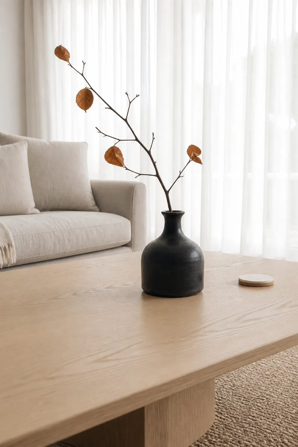 Black bottle with a sparse copper beech branch on a fall coffee table