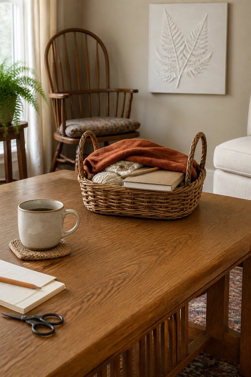Woven work basket with rust cloth for practical fall coffee table decor