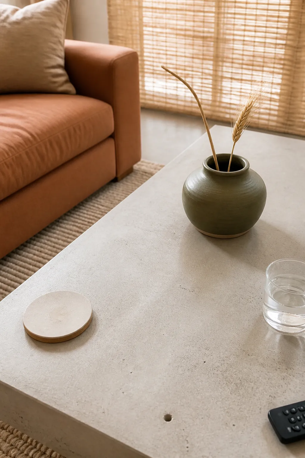 Olive stoneware vase with a short wheat sprig on a coffee table