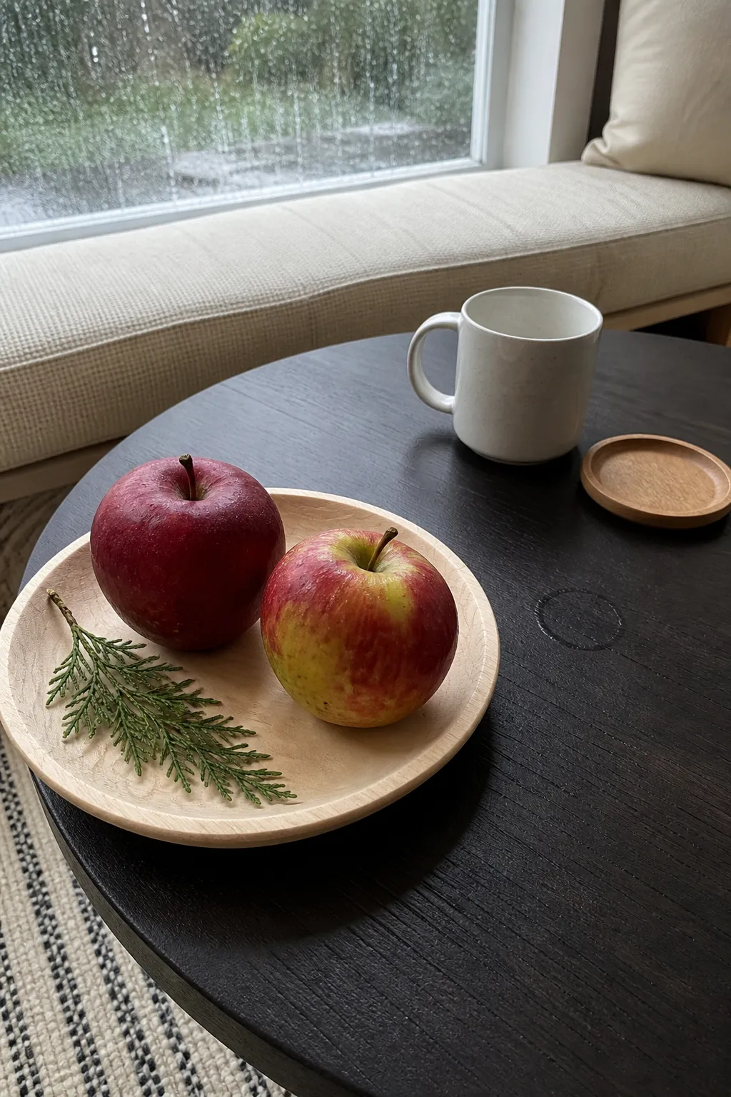 Red apples with a cedar tip in a shallow wood plate for fall decor