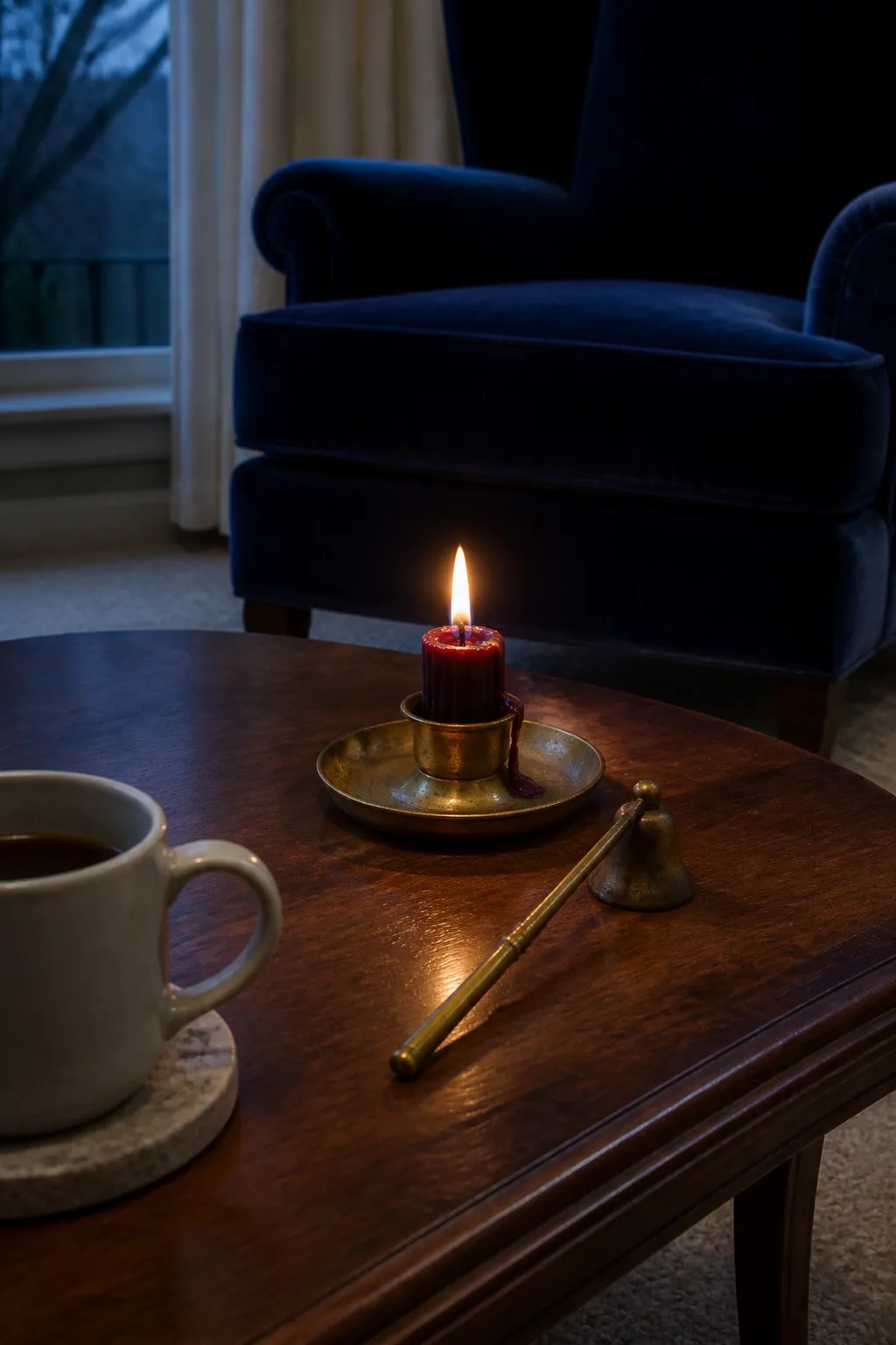 Candle snuffer beside a short taper for safe fall coffee table lighting