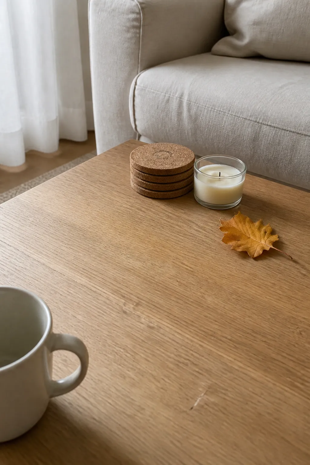 Coasters low candle and one fallen leaf on a simple autumn coffee table
