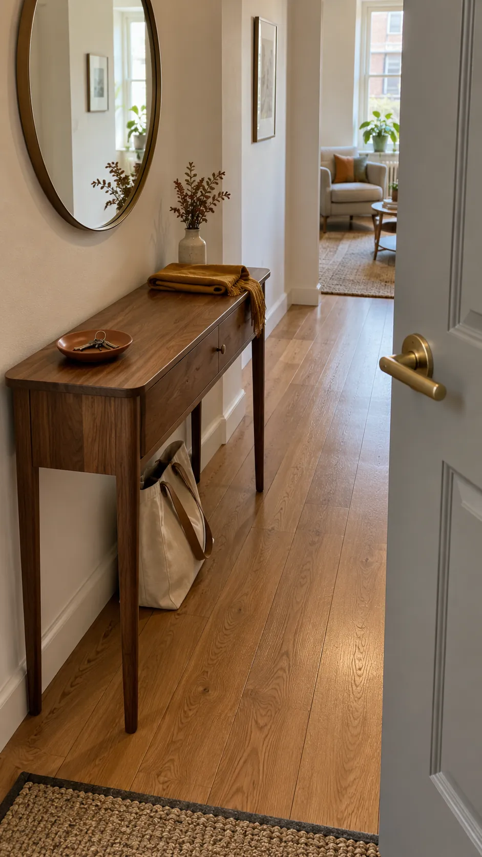 Useful fall entryway console with clear space for keys and a bag