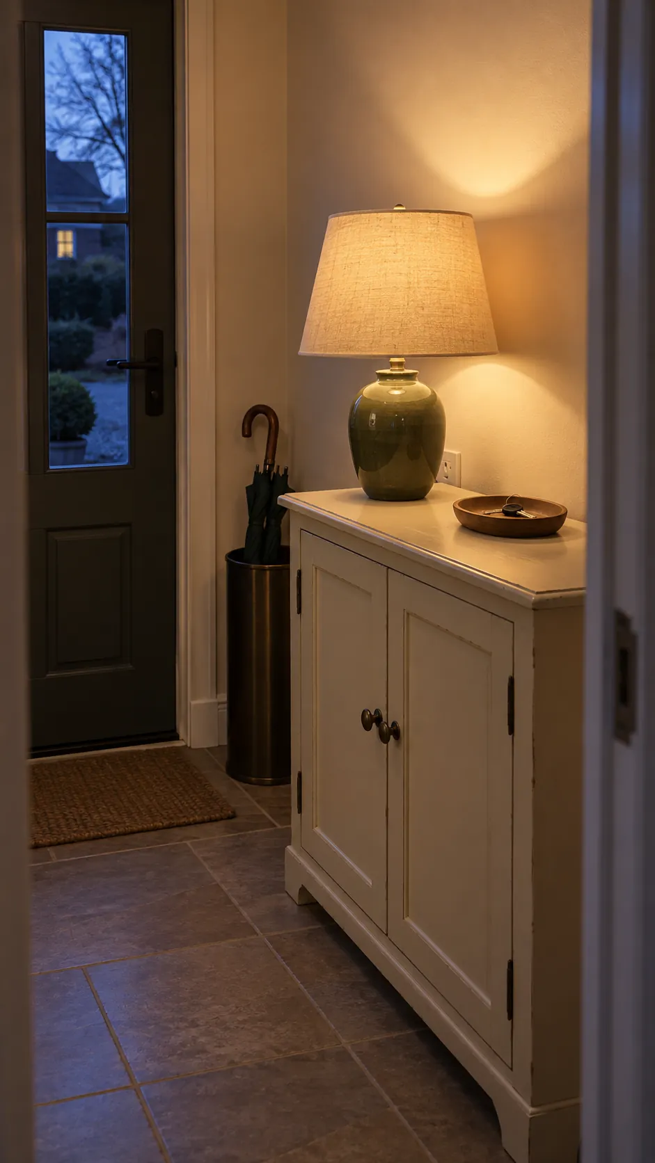 Warm shaded lamp lighting a compact autumn foyer