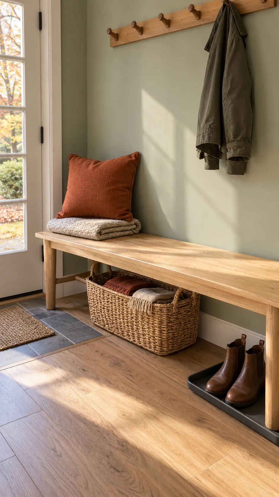 Rust cushion and oatmeal throw on a practical entry bench