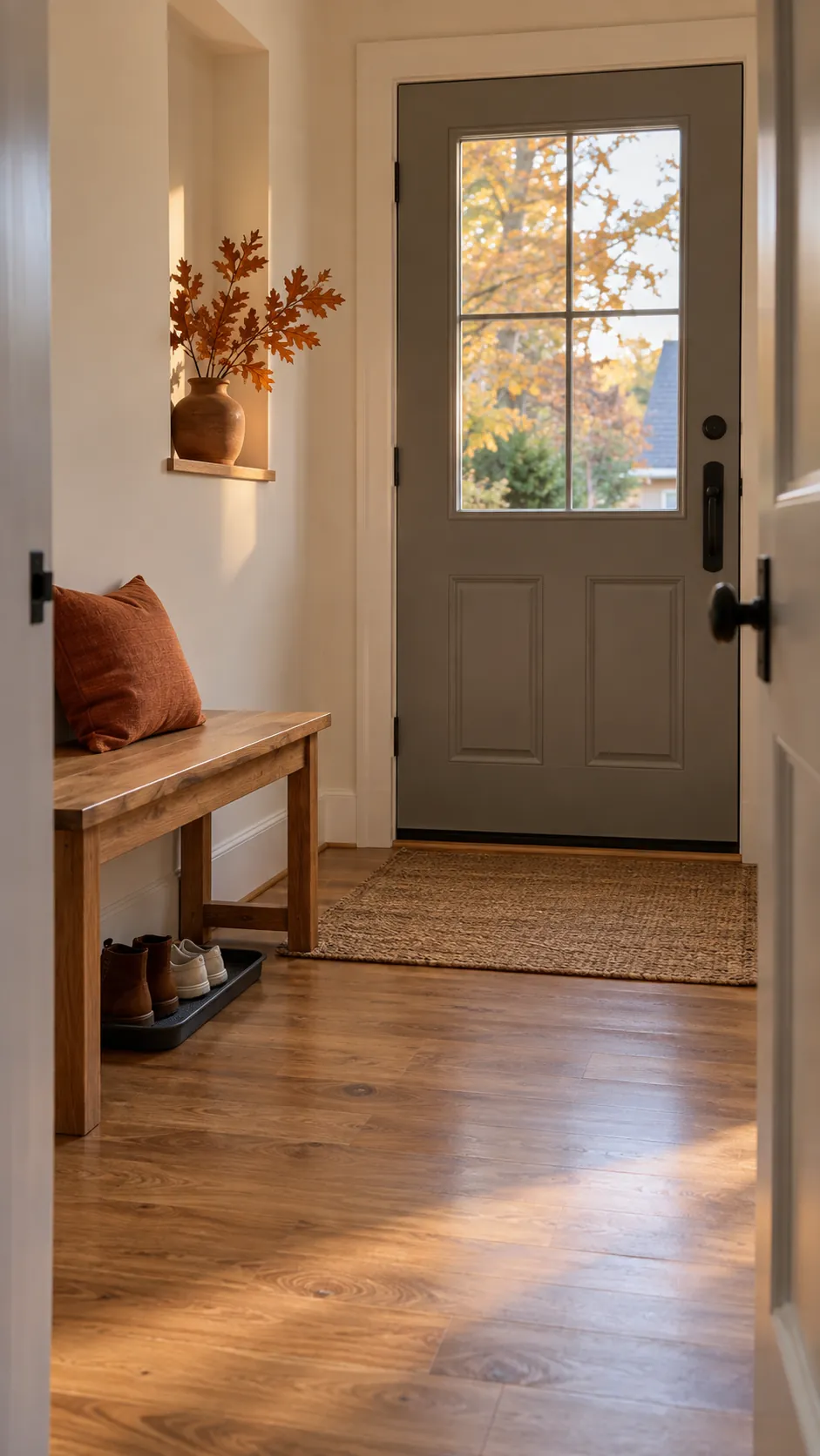Warm practical fall entryway with rust cushion and natural autumn branches