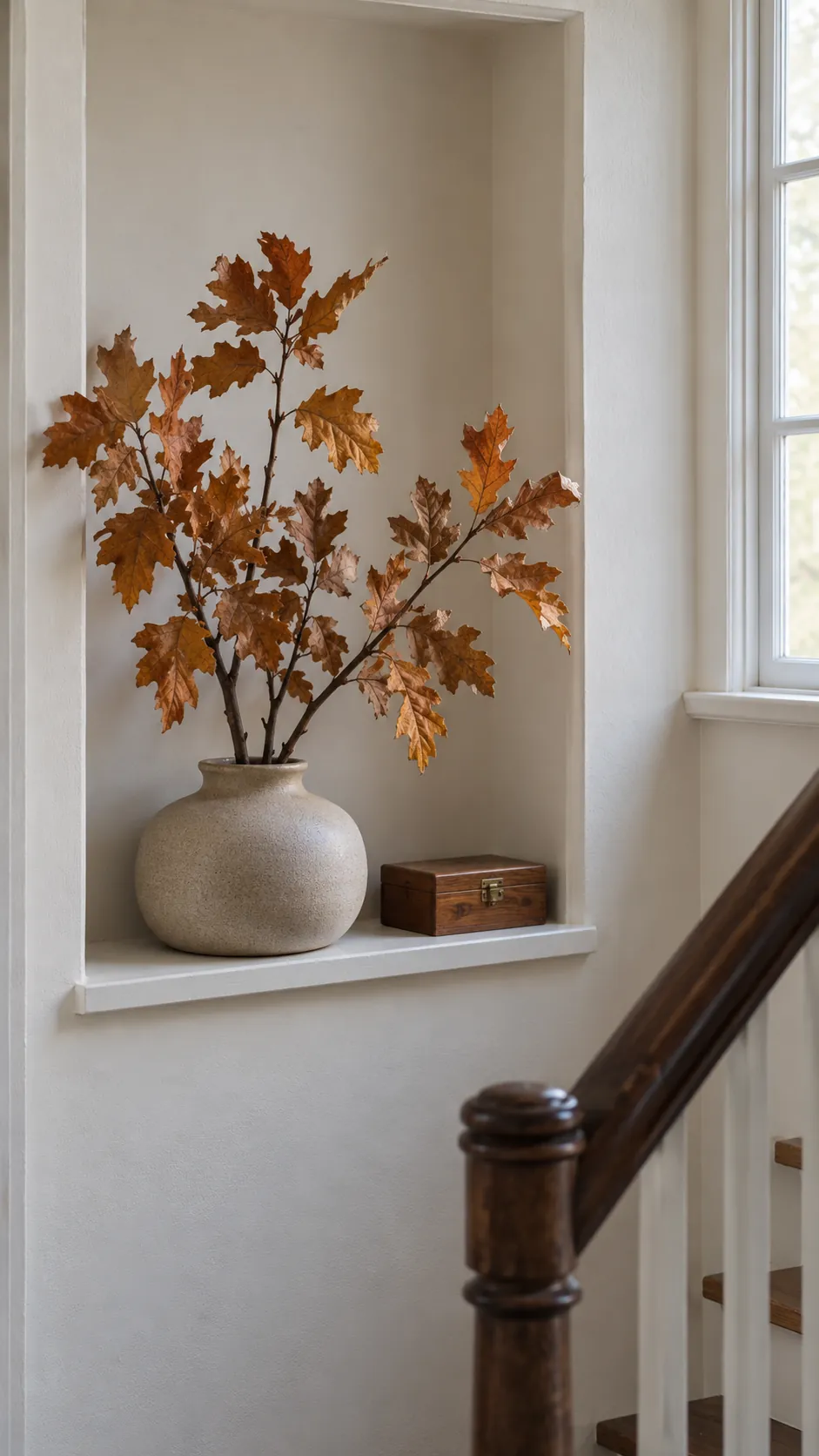 Contained autumn branches in a weighted ceramic vase