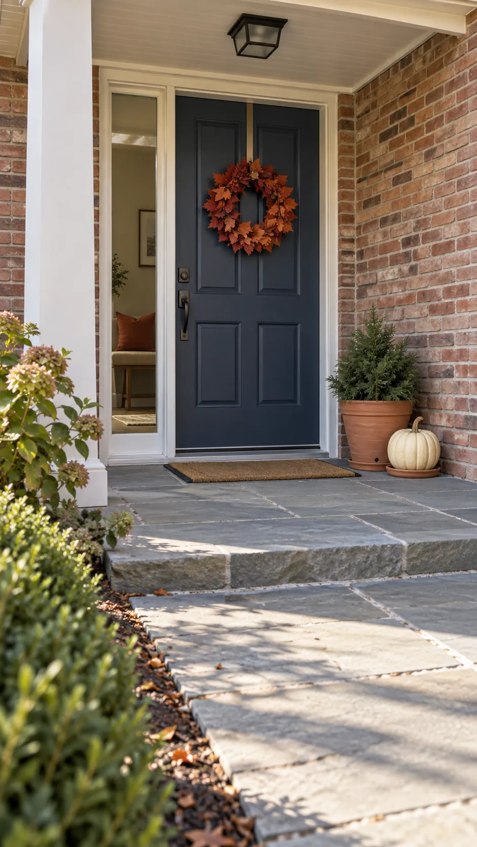 Protected front doorway with restrained autumn accents